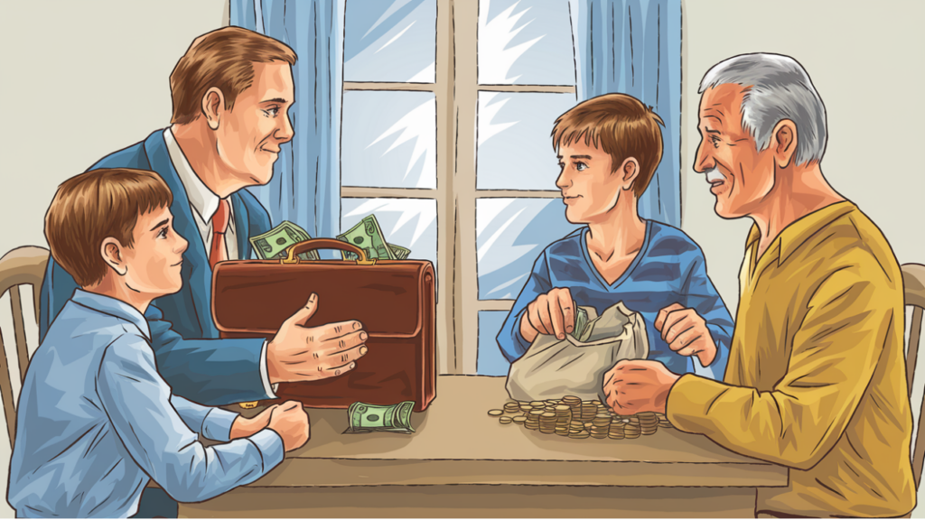 Ilustração representando ativos e passivos, inspirada no livro Pai Rico Pai Pobre.